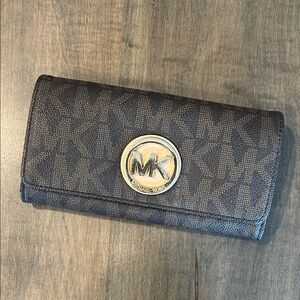 Michael Kors Dark Brown Logo Continental Wallet with Gold MK Emblem